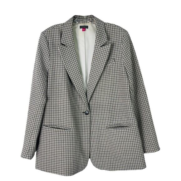 Vince Camuto black white tan plaid preppy office boyfriend button blazer XL - Picture 1 of 7